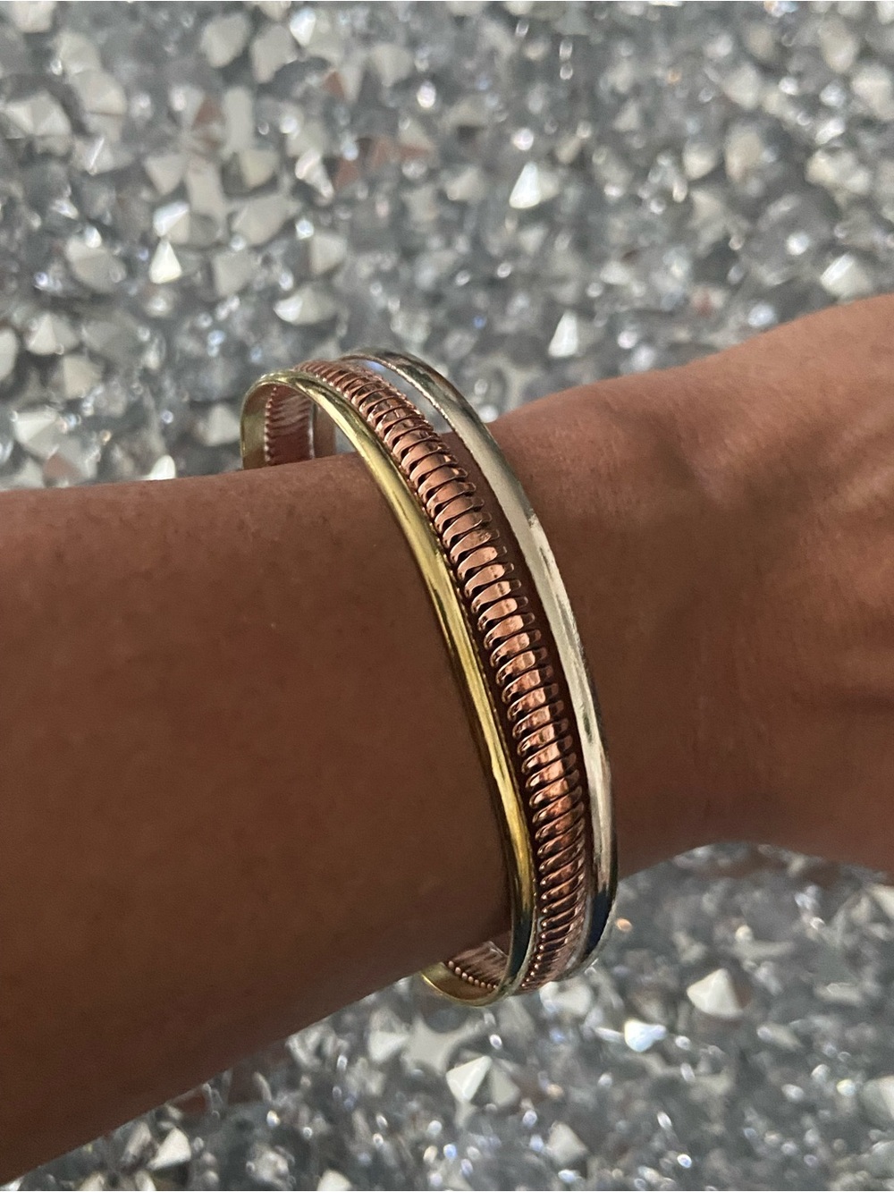 Tri-Tone 19 Cooper Textured Bangle Bracelet - Gold, Rose Gold & Silver